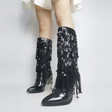 Pointed Toe Fashion Fringe Sequined Mid-Calf Boots