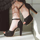 Peep Toe Sequined Fabric High Heels