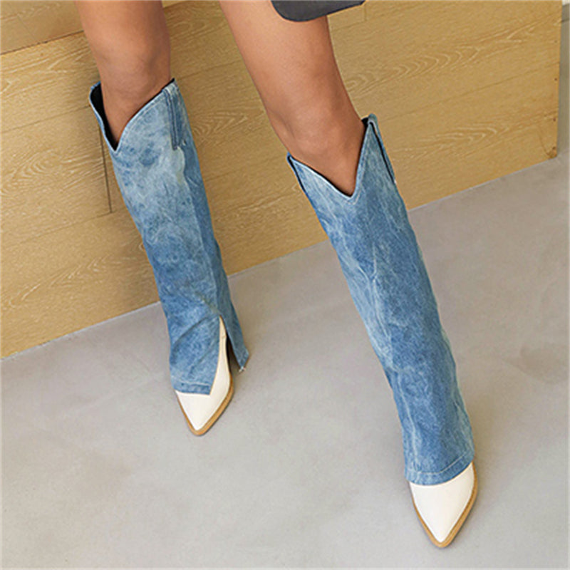 Denim Stitching Women's Pointed Toe Boots