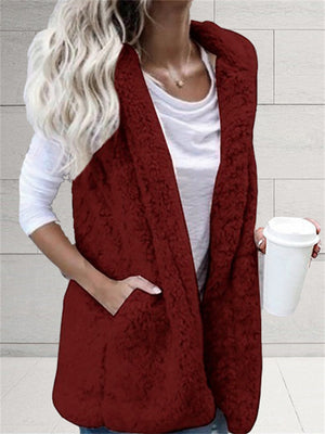 Women's Fashion Open Front Sleeveless Pocket Hooded Fuzzy Vest