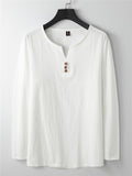 Mens Loose Comfy Linen Button Solid Color Long Sleeve T-Shirts
