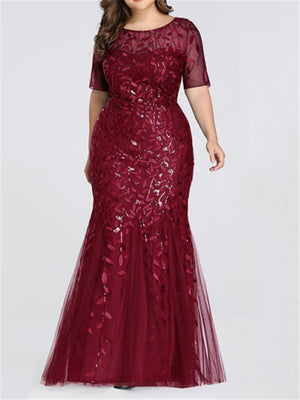 Short Sleeve Sequined Mesh Mermaid Slim Evening Dress