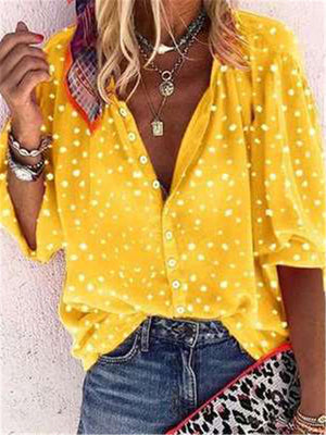 Polka Dot Button-Up Collar Elbow Sleeve Shirts