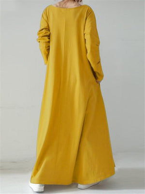 Vintage V Neck Solid Color Long Sleeve Spring Dress