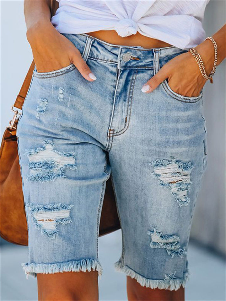 Trendy Solid Color Ripped Short Denim Pants