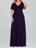 Women V-Neck Chiffon Short Sleeve Ruffle Evening Dress