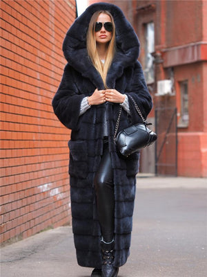 Extra Cozy Warm Faux Fur Open Front Pocket Hooded Long Coat
