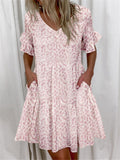 Casual Printed Short Sleeve Dresses With Pockets