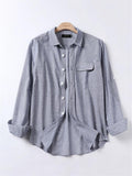 Loose Casual Comfy Striped Full Buttons Long Sleeve Shirts With Pocket