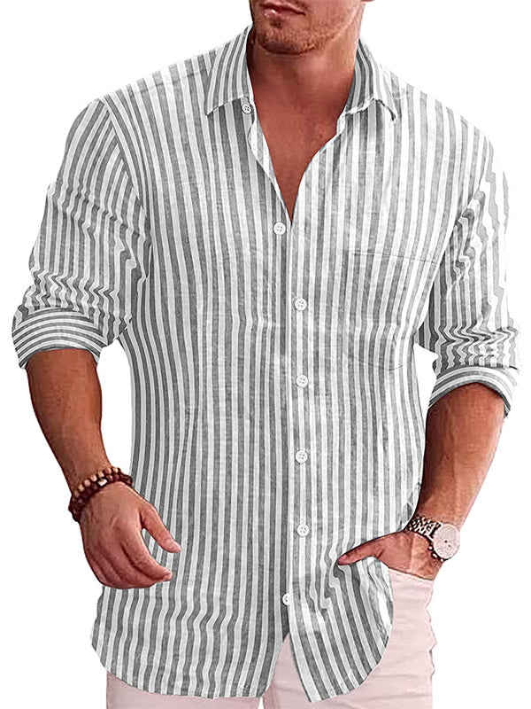 Men Casual Turn Down Collar Striped Cotton Shirt