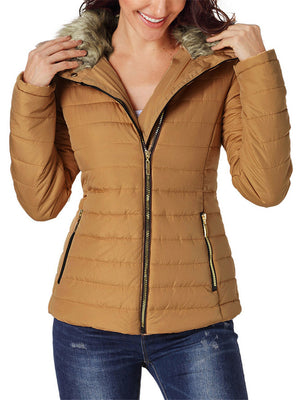 Casual Simple Style Imitation Fur Collar Zipper Thermal Coat For Women