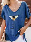 Relaxed Fit V Neck Bee Printed Short Sleeve Pullover T-Shirt