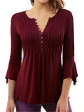 Pleated V-neck Flared Sleeve Plain Color Blouse For Women