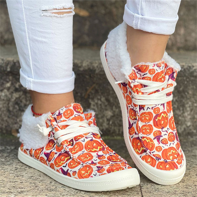 Halloween Lovely Pumpkin Print Keep Warm Soft Women Loafers