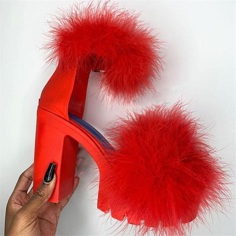 Fashion Fluffy Chunky Heel Pumps Sandals for Women