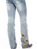 Women Fashion Embroidery Floral Straight Jeans