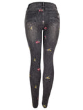 Lovely Small Floral Embroidery Slim Fit Black Denim Jeans for Women