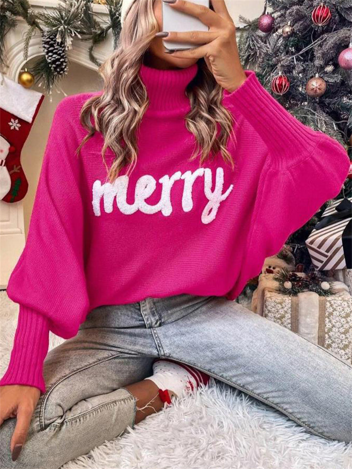 Women's Cute Comfort Bat Sleeve High Neck Christmas Sweaters
