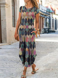 Round Neck Short Sleeve Pocket Floral All-Over Print Curved Hem Dress