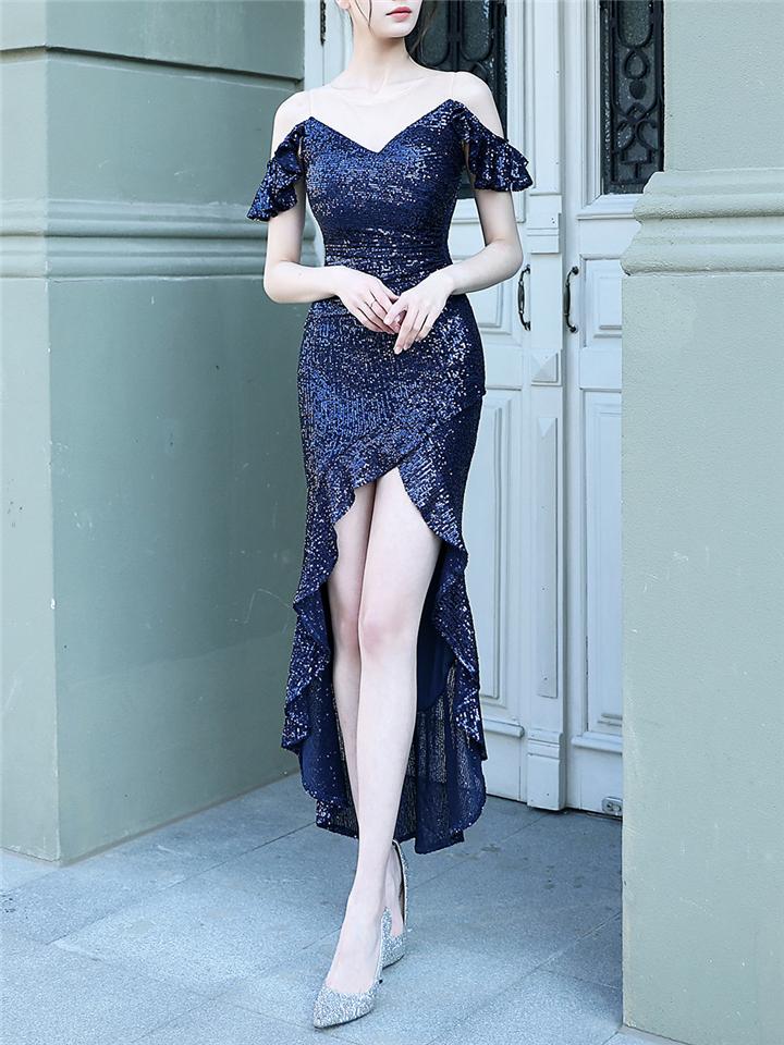 Gorgeous Shiny Sequins High-Low Ruffle Hem Dress For Party