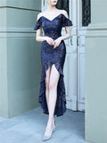 Gorgeous Shiny Sequins High-Low Ruffle Hem Dress For Party