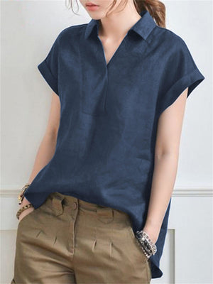 Summer Elegant V-neck Short Sleeve Office Cotton Blouses for Lady