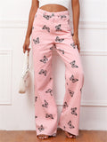 Women's Super Cute Butterfly Print Soft Loose Pink Denim Jeans