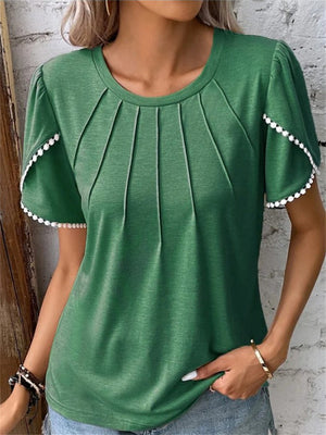 Women's Elegant Crew Neck Ruffled Short Sleeve Summer T-shirt