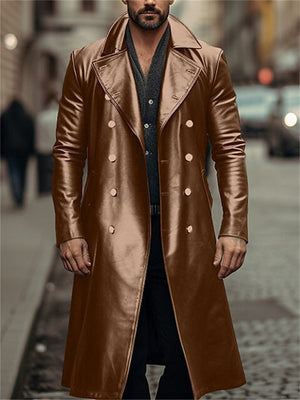 Male Double-breasted Faux Leather Long Trench Coats