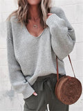 Women's Leisure Deep V Neck Plain Oversized Warm Knitted Sweaters