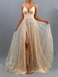 Stunning Low V Neck Spaghetti Strap Thigh High Slit Dress for Prom
