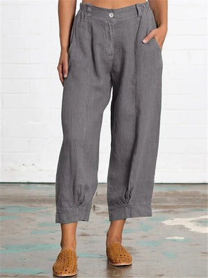 Casual Loose Cotton Linen Solid Color Pockets Pant