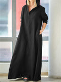 Casual Style Cotton Linen Solid Color Pocket Hooded Maxi Dress