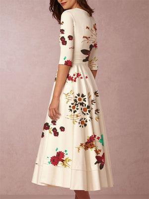 Deep V-neck Slim Fit Floral Print Half Sleeve Lady Dresses