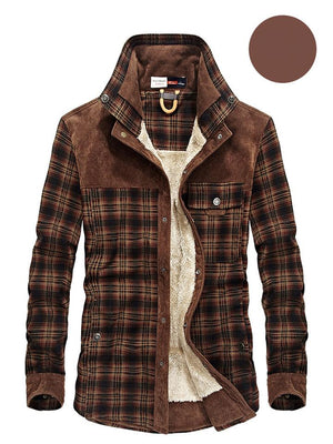 Men's Classic Vintage Plaid Corduroy Stand Collar Button Warm Outerwear Jacket