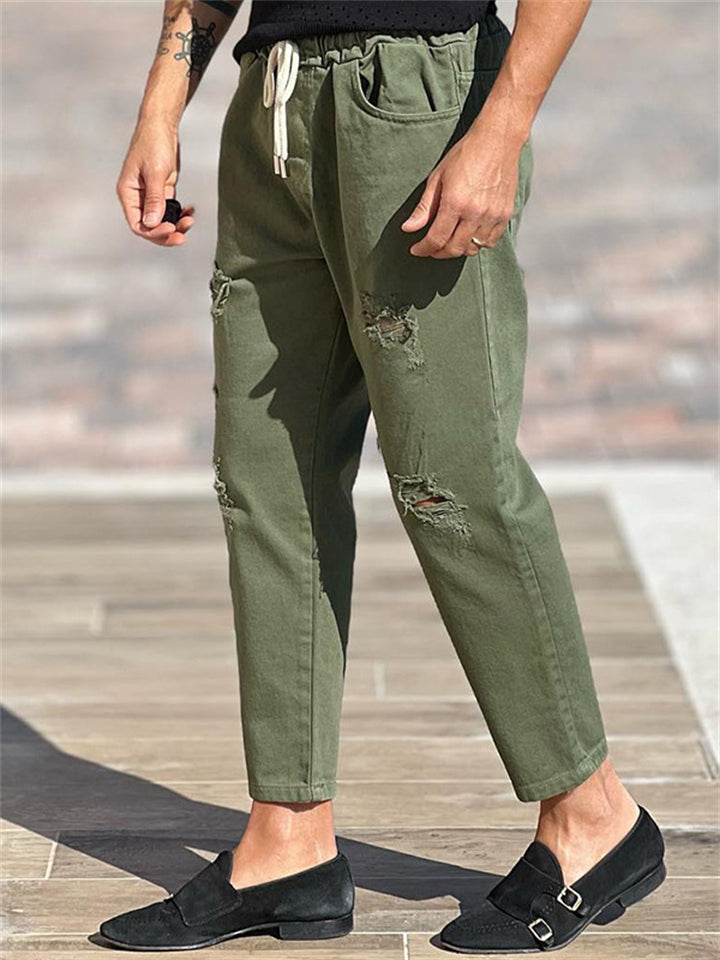 Street Ripped Army Green Drawstring Pants for Fashion Men