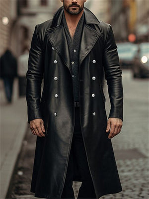 Male Double-breasted Faux Leather Long Trench Coats