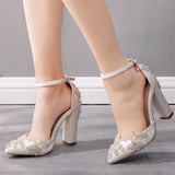 Female Gorgeous Rhinestone White Chunky High Heels Wedding Pumps