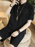 Lightweight Linen Two-Piece Outfit Wrap Neck T-Shirt + Elastic Waistband Knee-Length Pants