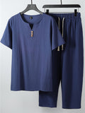 Laid-Back Style Notched Neck Button Detailing Soft Cotton Set T-Shirt + Drawstring Pants