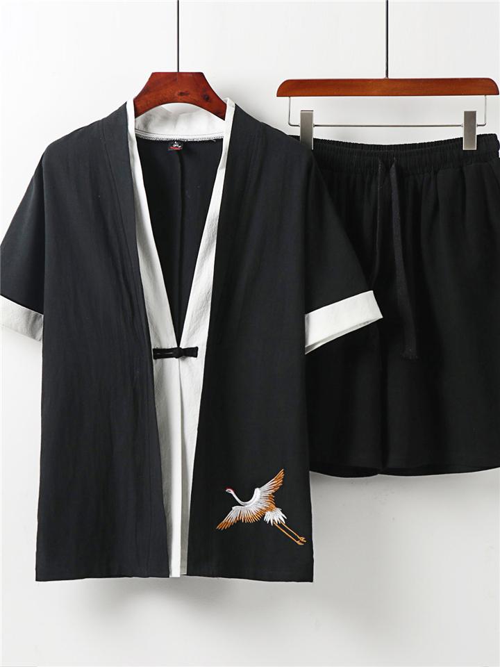 Men's Linen 2-Piece Outfit Simple Style V-Neck Solid Color Short Sleeve Top + Drawstring Shorts