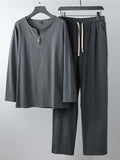 Relaxed Fit 2-Piece Outfit Notched Neck Slit Hem Shirt + Elastic Waistband Full-Length Pants