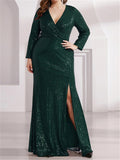 Gorgeous Shiny V-Neck Sequins Long Sleeve Slit Dress