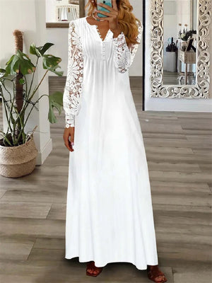 Female Classy Button Up Deep V-neck Lace Sleeve Maxi Dress