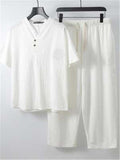 Comfy Loose Cotton Linen Print V-Neck Short-sleeved T-shirt + Cropped Pants