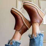 Simple Side Zipper Casual Fashion Wedge Heel Grain Leather Ankle Boots