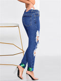 Street Style Women Ripped Extra Loose Sequin Straight-Leg Denim Jeans