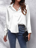 Super Soft Lapel Button Long Sleeve Silky Blouses for Office Lady