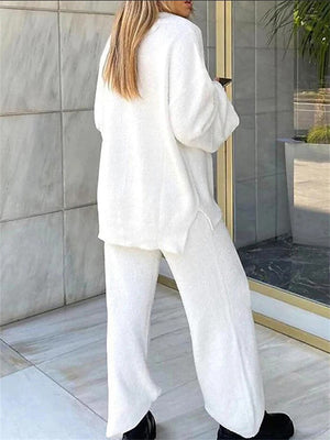 Female Warm Leisure Solid Color Home Wear V-neck Two-piece Sets