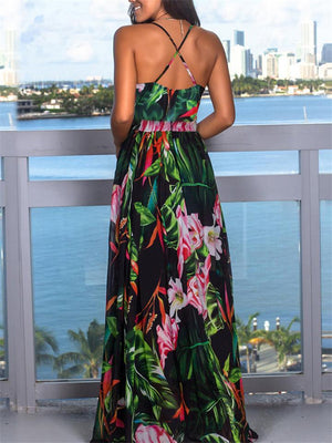 Floral Wrap Neck Strap Empire Waist Crossback Maxi Beach Dress